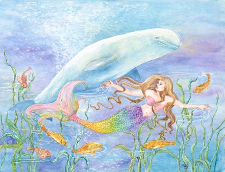 Mermaid and Beluga Art Print 